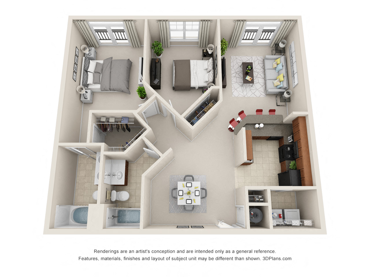 Floor plan for 2 beds, 2 baths, 1112 sqft